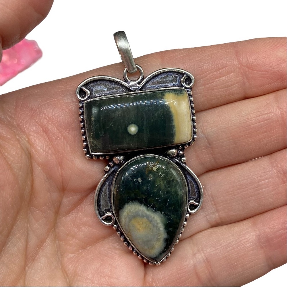 Ocean Jasper Necklace Pendant 925 Sterling Silver Overlay Natural Stone - Picture 2 of 3